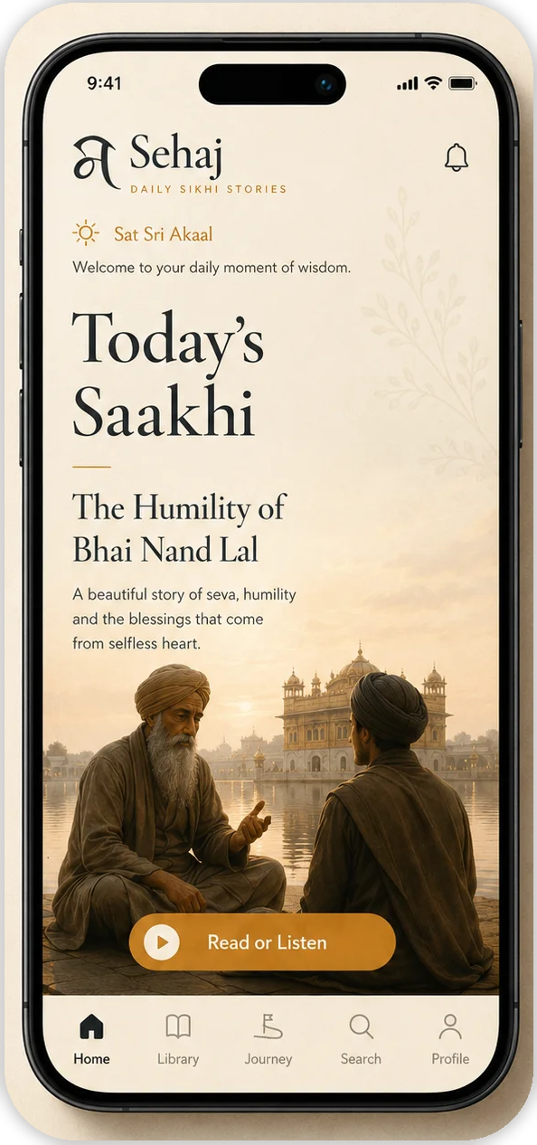 Sehaj app home screen showing the daily Sikh story experience