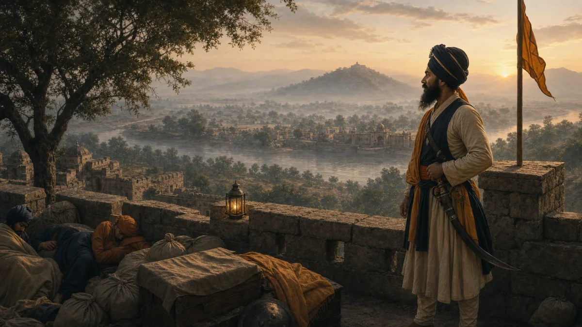 An imagined dawn scene of Bhai Alam Singh Nachna keeping watch from the walls above Anandpur