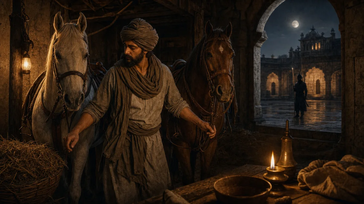 An imagined night scene of Bhai Bidhi Chand moving quietly between two horses in a guarded stable