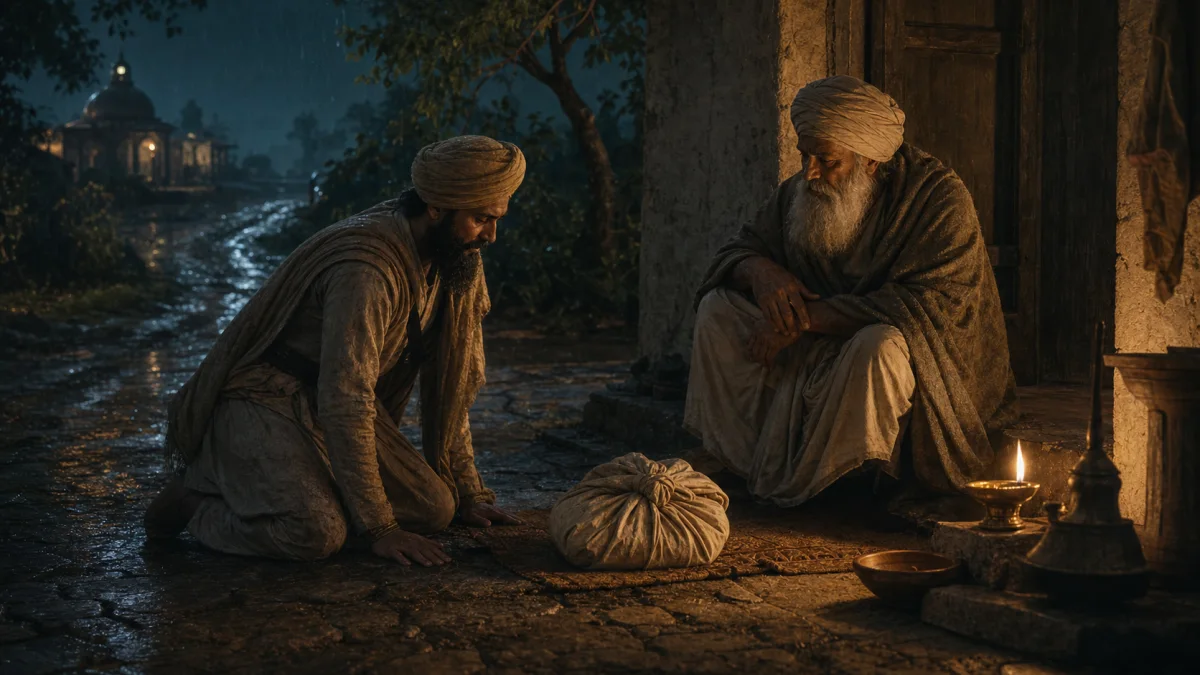 An imagined night scene of the exhausted Bhai Jaita finding shelter with Dargahi Shah beside a covered sacred bundle