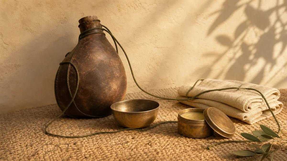 A water skin, metal bowl, folded cloth, and salve connected by an olive cord