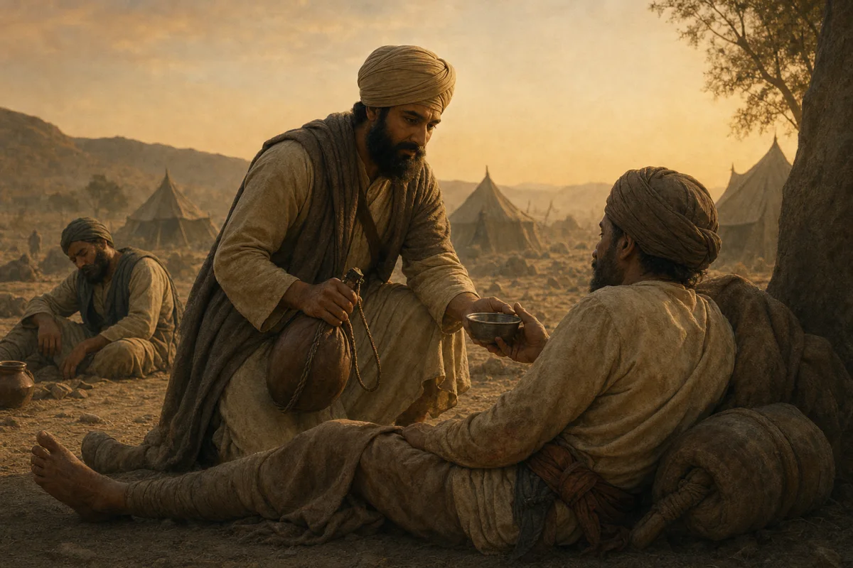 Bhai Kanhaiya offering a bowl of water to a wounded person at dusk
