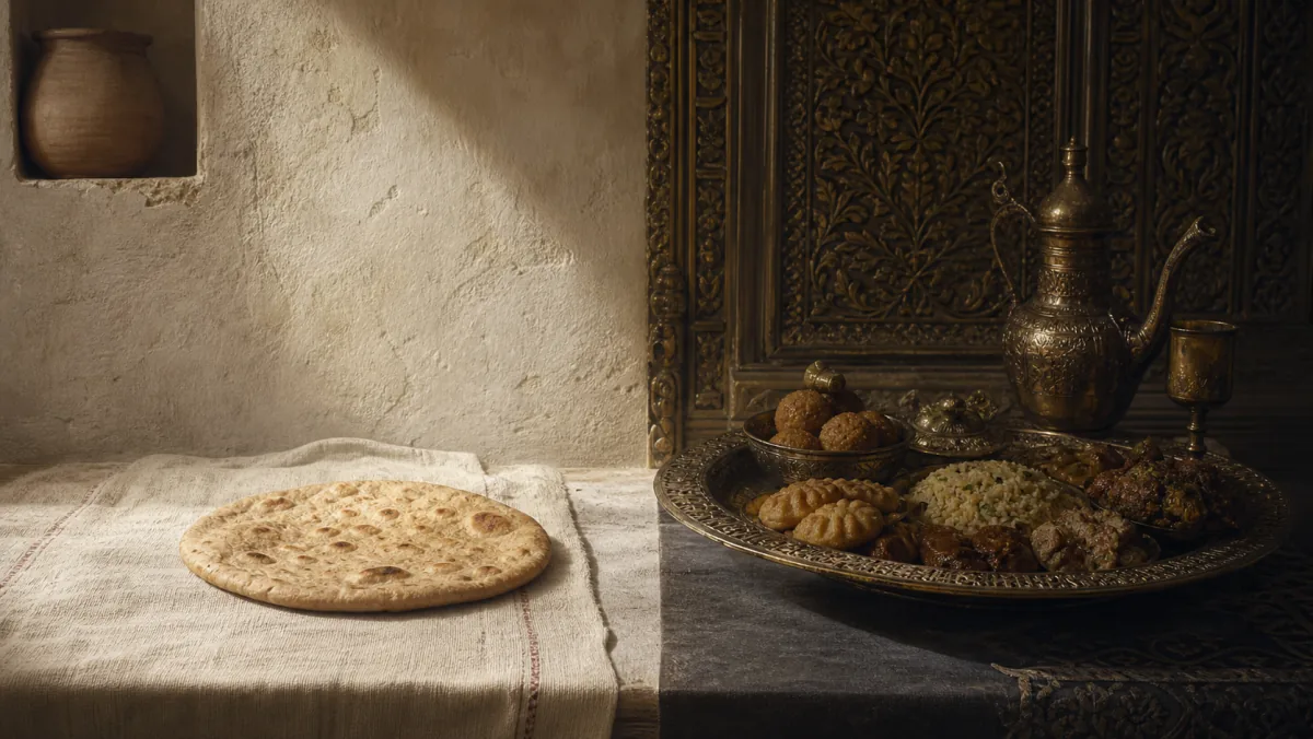 A simple roti in warm light beside an ornate feast held in shadow