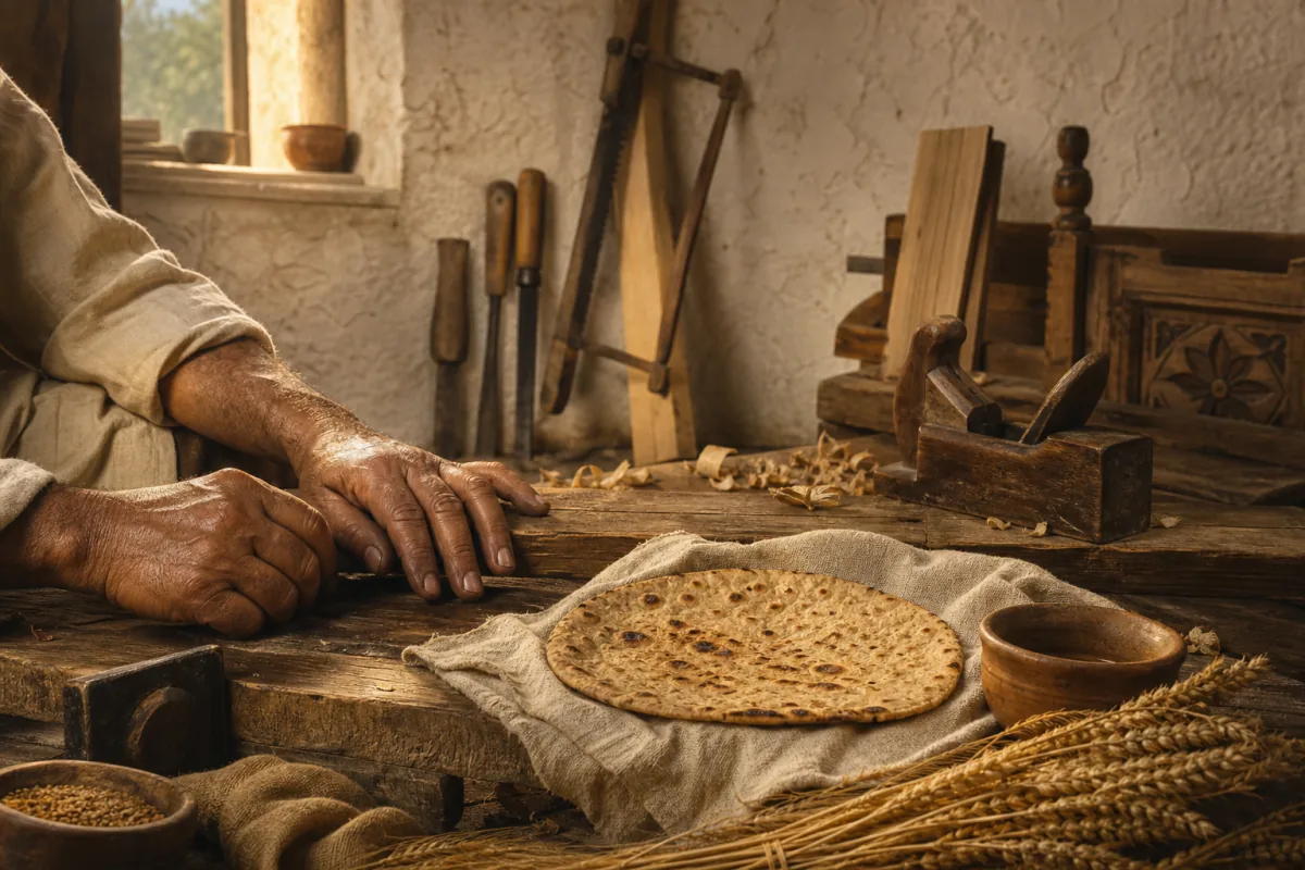 A carpenter’s worn hands beside simple roti and hand tools in a humble workshop