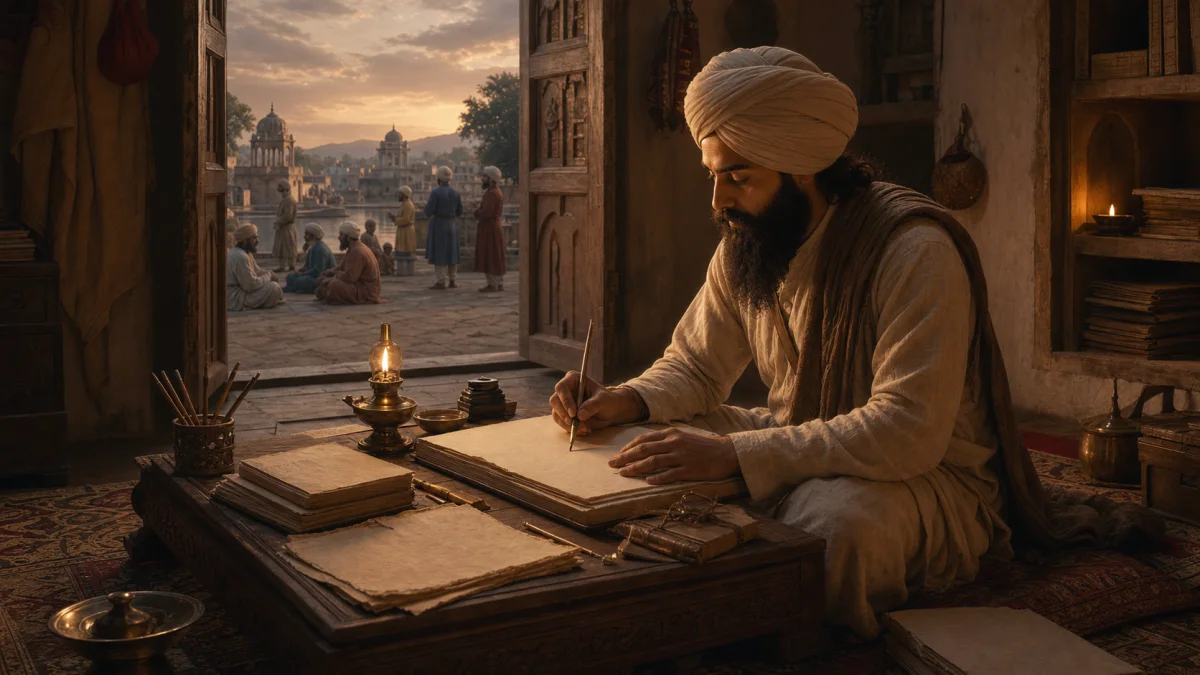 An imagined scene of Bhai Nand Lal writing by lamplight in a study overlooking Anandpur