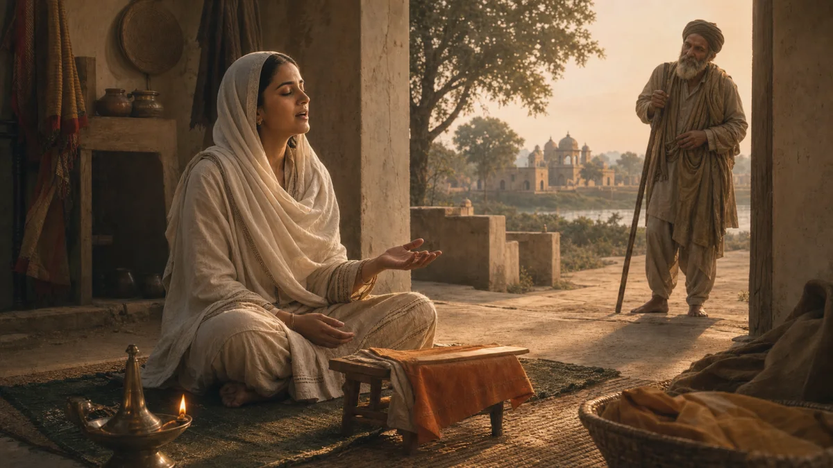 An imagined scene of Bibi Amro singing in a Punjabi household as an older traveller pauses to listen
