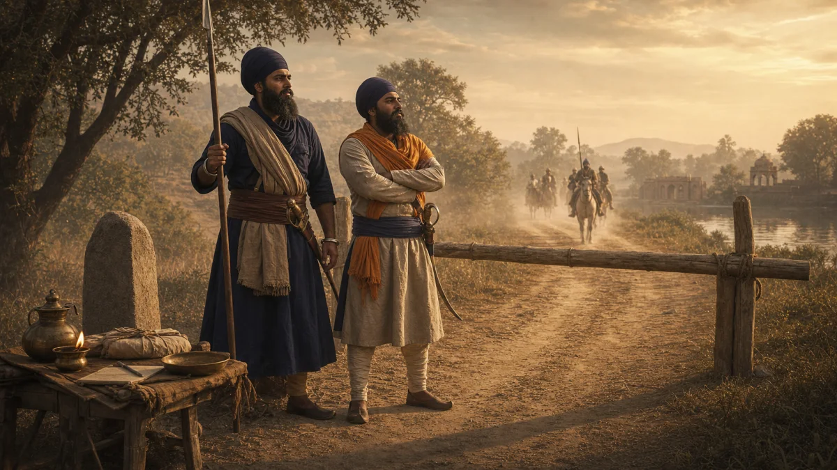 An imagined scene of Bhai Bota Singh and Bhai Garja Singh standing at a simple roadside toll barrier