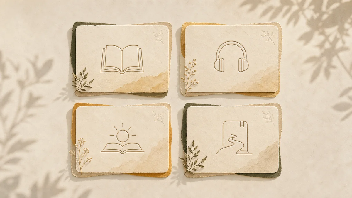 Four textured paper cards with icons for reading, listening, Hukamnama, and story reflection