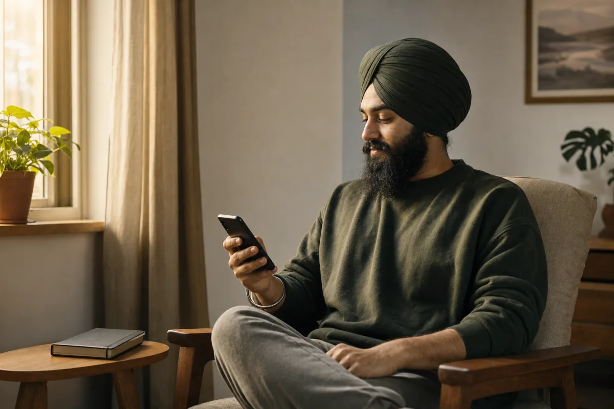 A Sikh man calmly listening on his phone beside a notebook at dawn