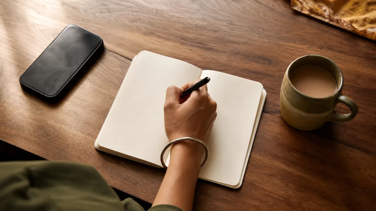 A hand wearing a kara writing in a small notebook beside a phone and warm drink