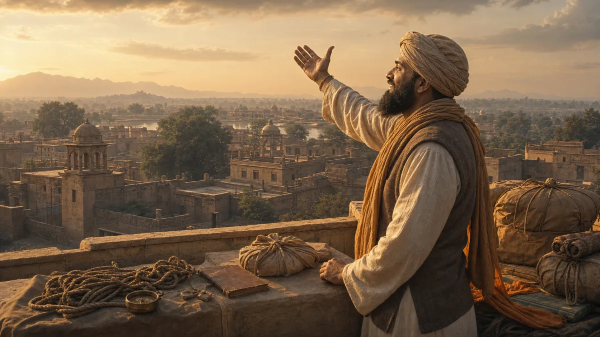 An imagined scene of Makhan Shah Lubana calling out from a rooftop above the village of Bakala
