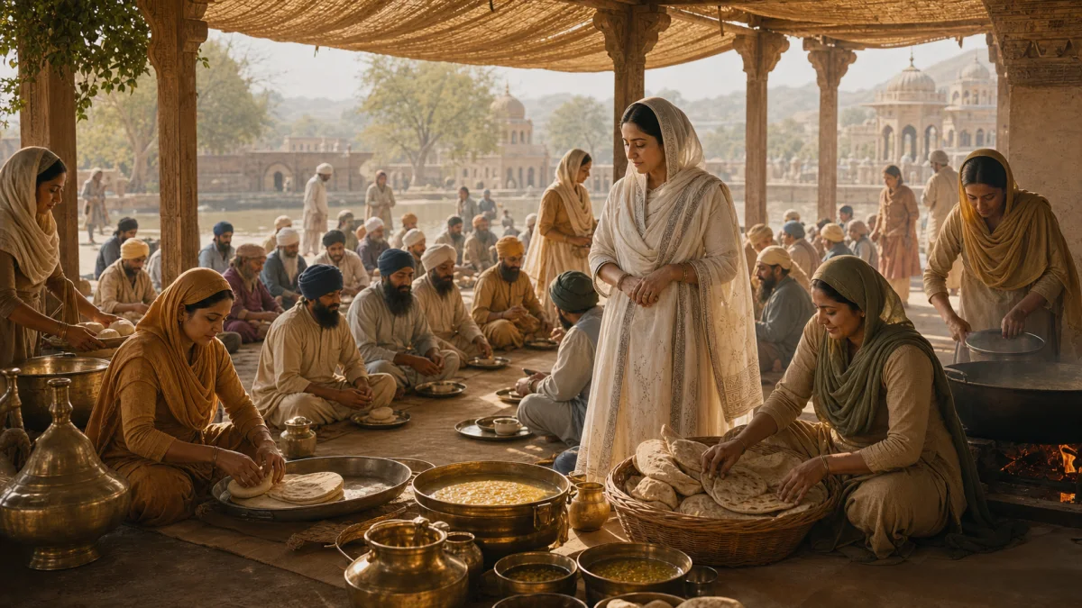 An imagined scene of Mata Khivi overseeing food preparation and service in a busy communal langar