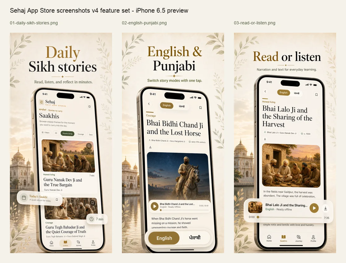 Three official Sehaj App Store screens showing the Saakhi library, English and Punjabi switching, and reading with narration