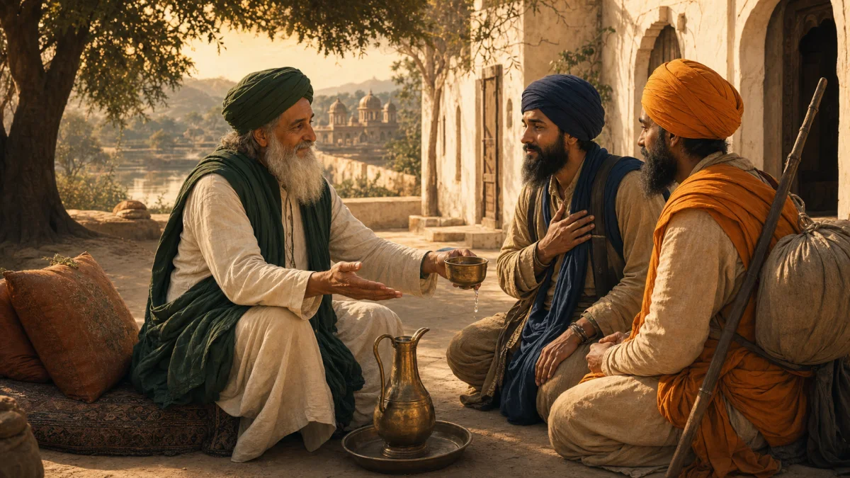 An imagined scene of Pir Buddhu Shah offering water and welcome to two Sikh travellers