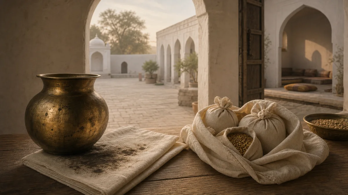 A tarnished brass vessel beside darkened cloth and parcels of grain in an open courtyard
