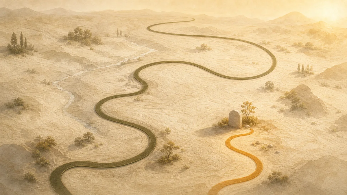 A long olive path and a separate short saffron path crossing a warm paper landscape