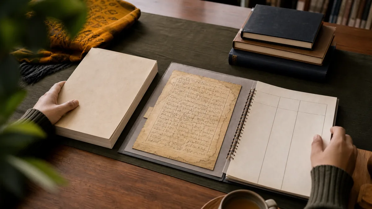 A learner comparing an introductory book, an archival page, and a structured notebook