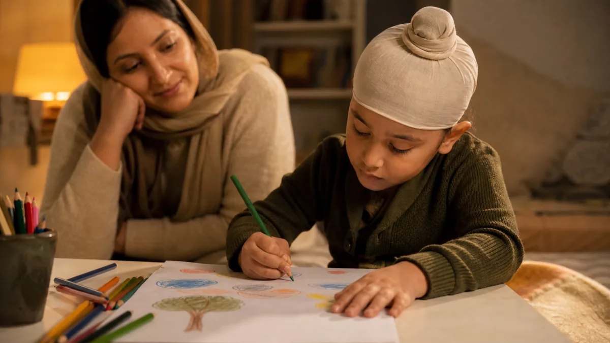 A young Sikh child drawing a response to a story while a parent listens