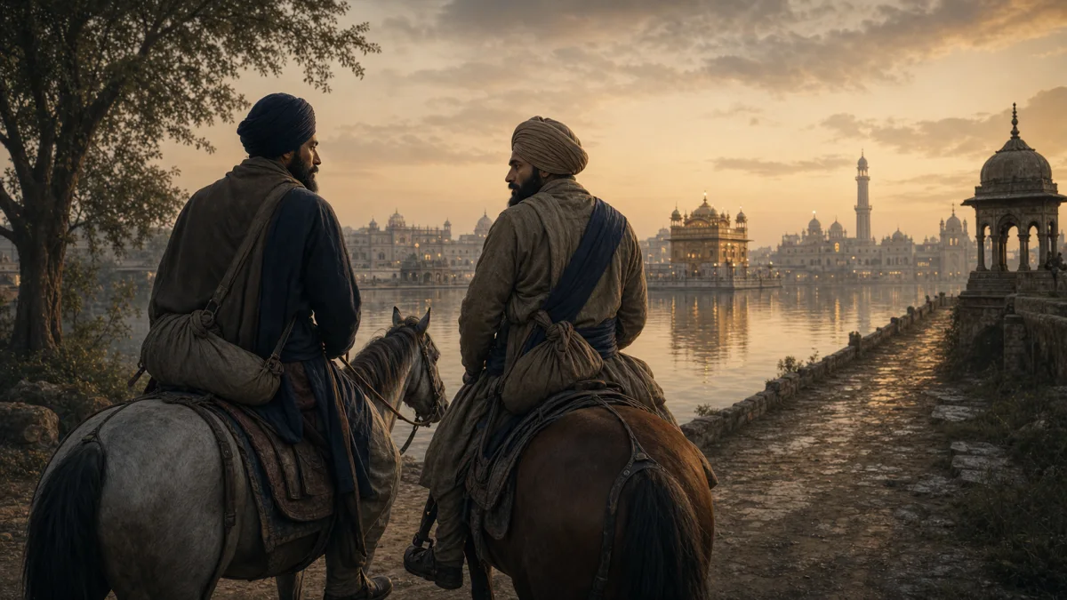 An imagined predawn scene of Bhai Sukha Singh and Bhai Mehtab Singh approaching Amritsar on horseback
