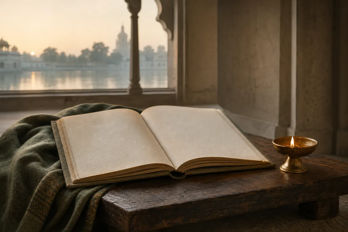 An open storybook beside a small lamp in a quiet dawn reading space